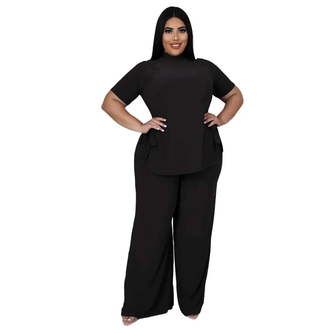 Plus Size Sets Solid Color Short Sleeve Casual Strap Wide Leg PantsTwo-piece Set  Plus Size Women Clothing Two Piece Set Women