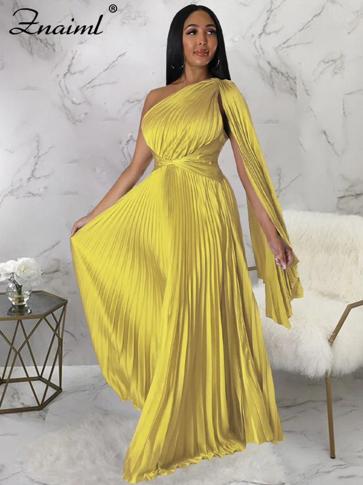 

Znaiml 2023 Elegant Satin Women Pleated Evening Party Maxi Dresses Sexy Sleeveless One Shoulder Floor-Length Birthday Prom Dress