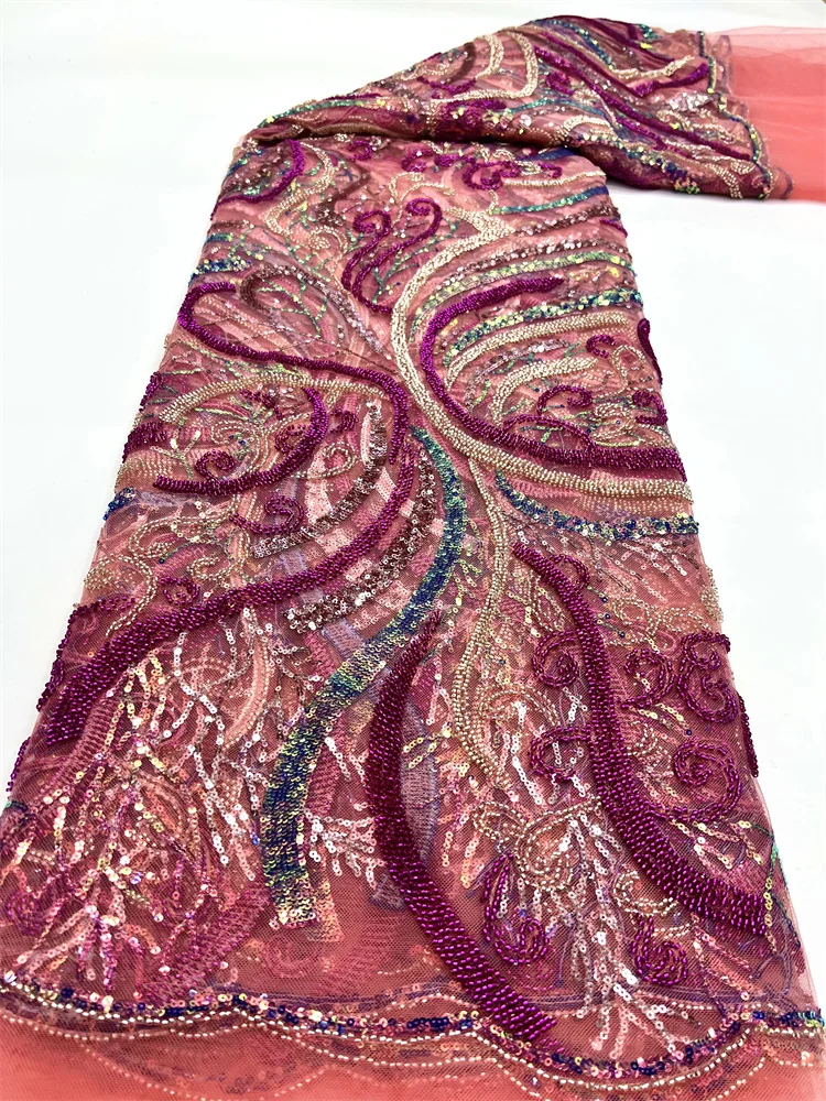 

Red African Handmade Beads Laces Fabrics Luxury Nigerian Sequins Mesh Lace Fabric French Bride Tulle Lace For DIY Wedding