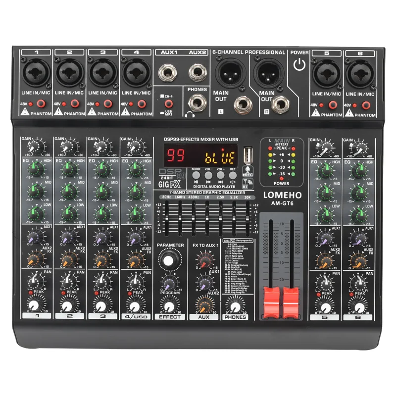 LOMEHO 99 Effect 7 Band EQ Sound Mixer 6 Mono Channel 48V Audio Mixing Console USB Play Record Bluetooth 2 AUX DJ Control AM-GT6