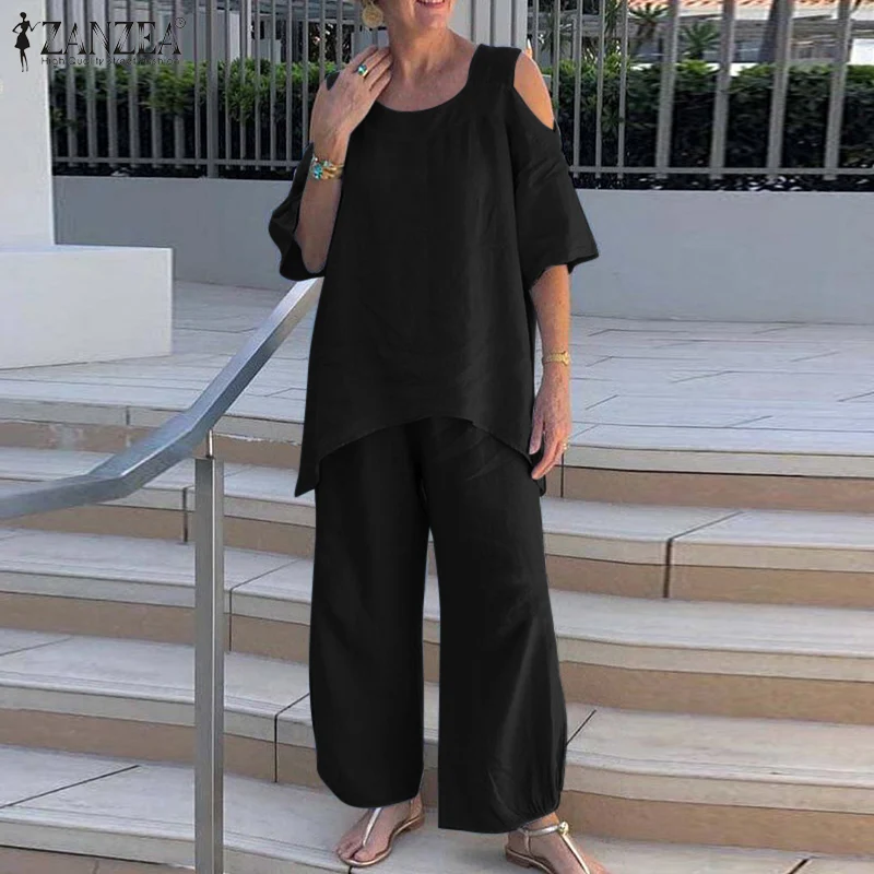 

2022 ZANZEA Women's Sets Fashion 2PCS Casual Short Sleeve Suits Solid Matching Sets Summer Off Shoulder Tops Wide Leg Pants Sets