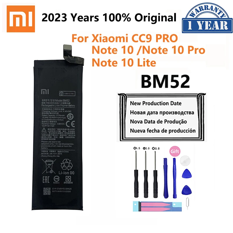 100% Оригинальный аккумулятор BM52 5260 мАч для телефона Xiaomi Mi Note 10 Lite / Note 10 Pro / CC9pro CC9 Pro, сменные батареи, батарея