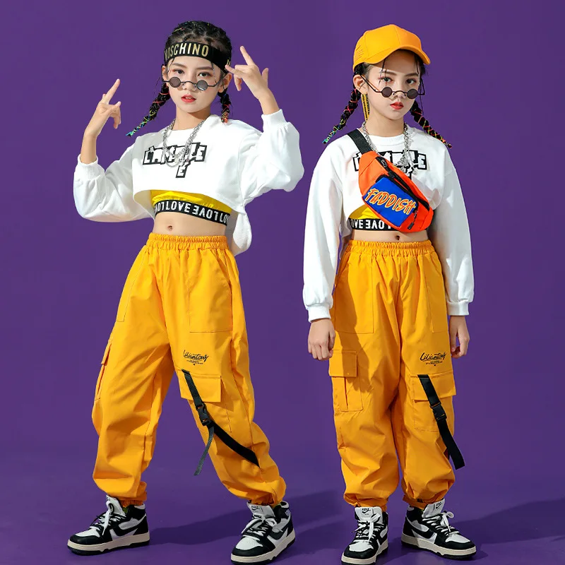 

Girls Street Dance Wear Crop Top Joggers Kids Hip Hop Cargo Pants Sweatshirts Child Streetwear Costumes Jazz Stage Clothes Sets