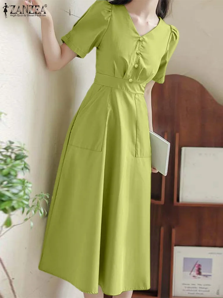 

ZANZEA Summer 2023 Korean Fashion Long Vestido V-neck Buttons Casual Holiday Sundress Short Sleeve Solid Women Midi Dresses Robe