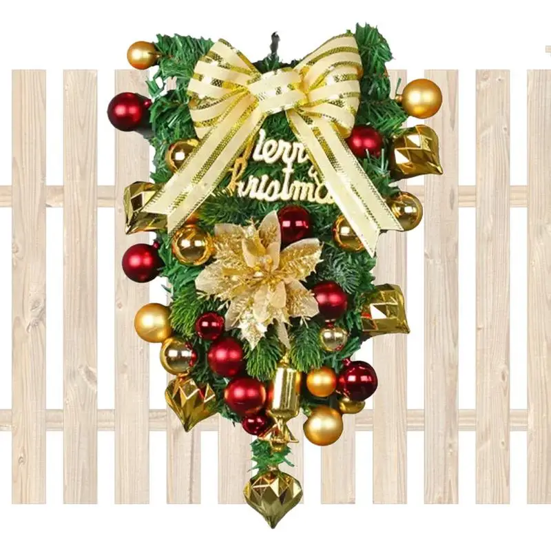 

Christmas Teardrop Wreath Creative Teardrop Swag With Balls Reusable Christmas Wreath Cute Gold Bowknot Garland Christmas Decor