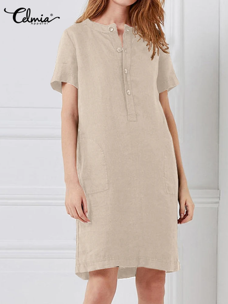 

Women Cotton Shirt Dress Celmia Casual Button Sundress Summer Leisure Short Sleeve Knee-length Vestidos 2022 Vintage O-neck Robe