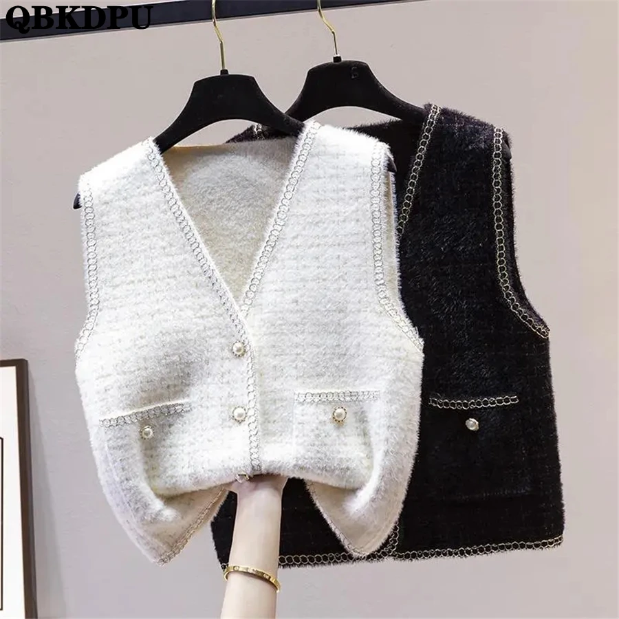 

V-Neck Imitation Mink Velvet Vintage Vest Women Sleeveless Jacket Spring Casual Korean Waistcoat Coat Elegant Gilet Chalecos New