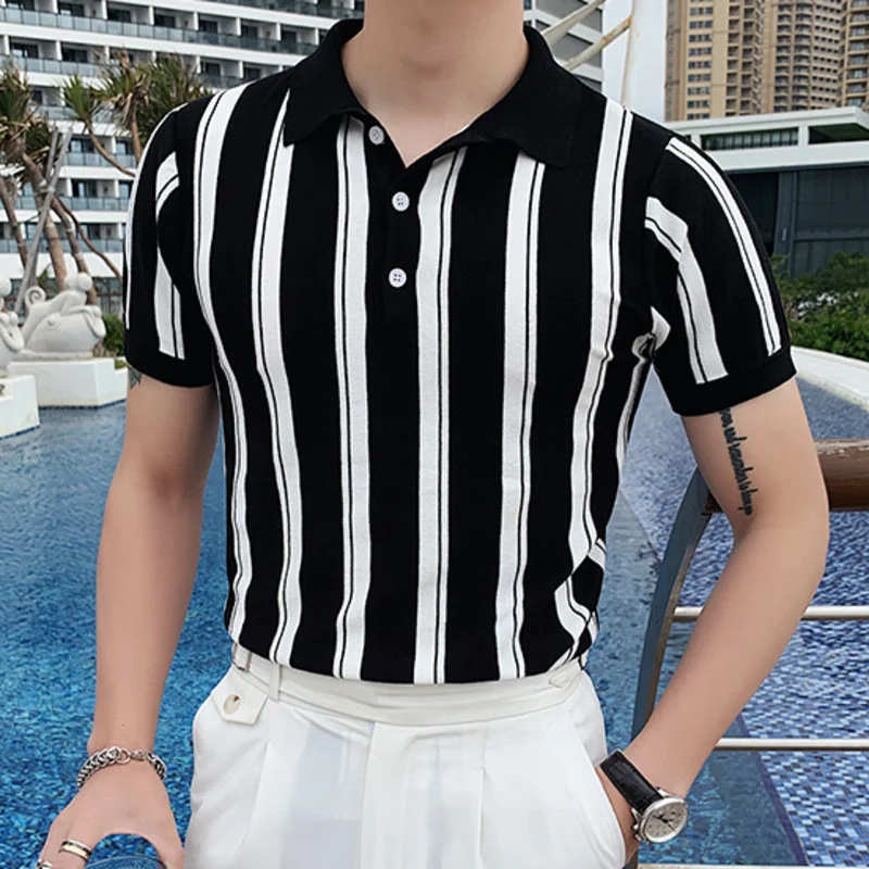 

Summer 2022 Stripe Hit Color Short Sleeve Polo Shirt Men Slim Breathable Polo Para Hombre Knitted Men Polo Shirt High Quality