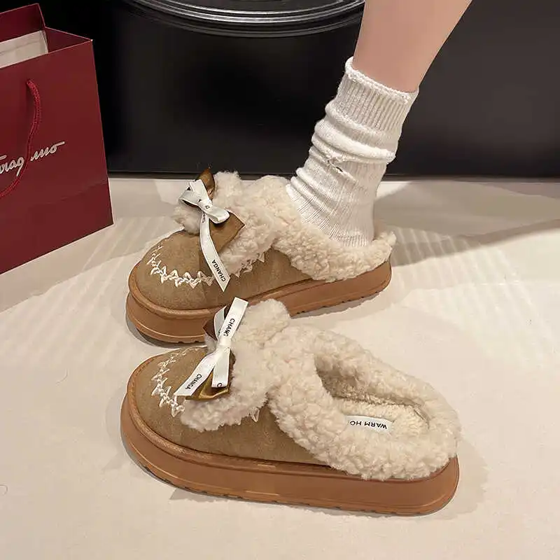 Домашние тапочки женская обувь с бантом-бабочкой для девочек меховые шлепанцы