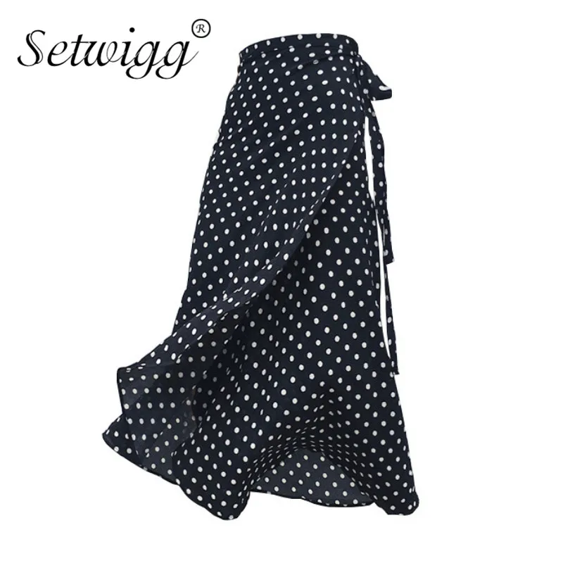 

Summer Bohemian Polka Dotted One-piece Sashes Long Wrap Skirts Side Split Ruffled A-line Chiffon Beach Ankle Long Skirts