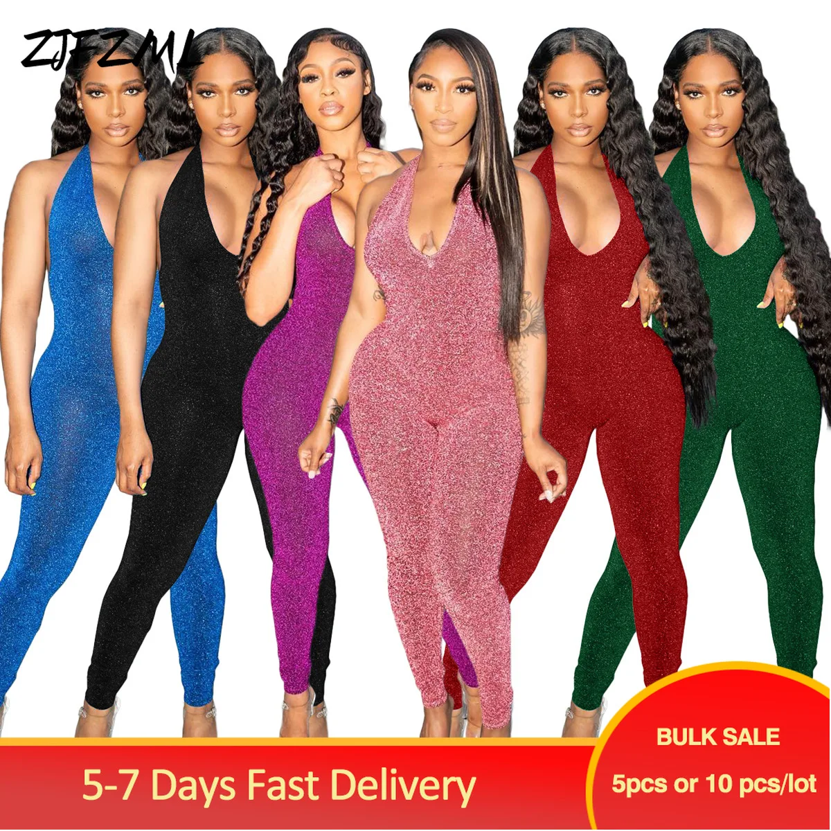 

Bulk Items Wholesale Lots V-neck Skinny Sexy Women's Jumpsuit Summer Mounted Neck Open Back Romper Streetwear Partywear Bodysuit