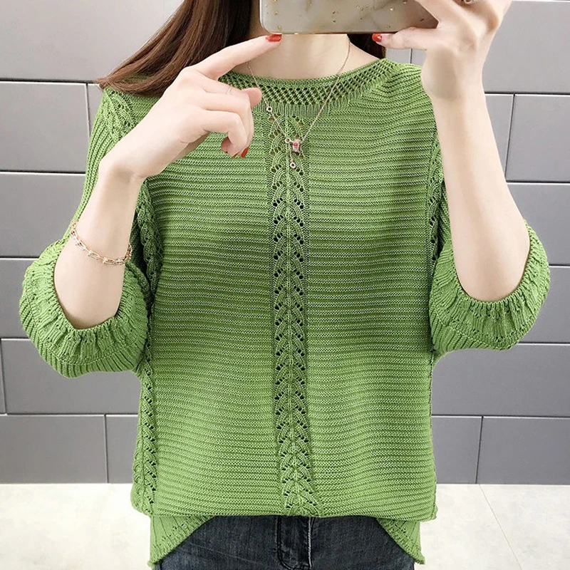 

2023 Summer Hollow Out Tops Female O Neck Three Quarter Sleeve Knitted T Shirt Women Casual Loose Tshirts Thin Tee Shirt Femme