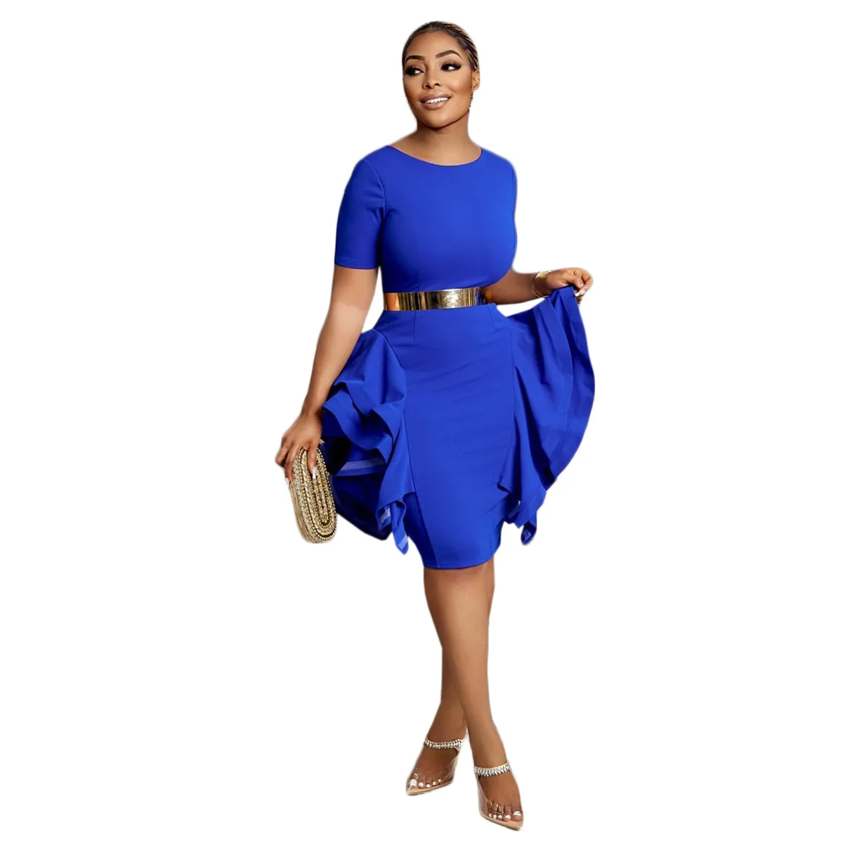 

Без пояса 2023 весна лето элегантное Африканское женское платье с круглым вырезом и коротким рукавом из полиэстера Синее Платье До Колена африканские платья для женщин