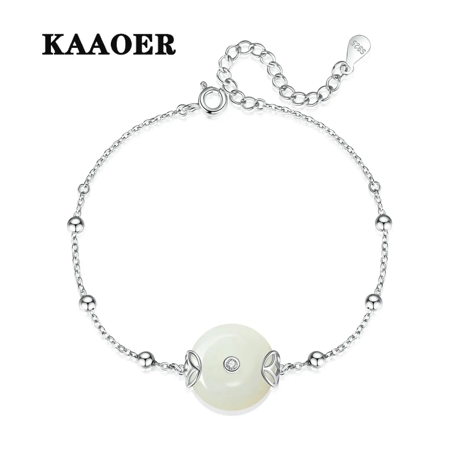 

KAAOER 2022 NEW 100% S925 Original gold inlaid hetian white jade peace buckle bead temperament delicate mother's Day bracelet