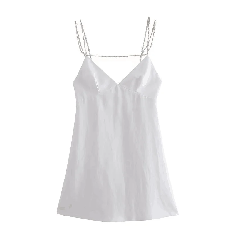 

Women 2023 New Chic Fashion Summer Jewellery Mini Dress Vintage Backless Thin Straps Female Dresses Vestidos Mujer