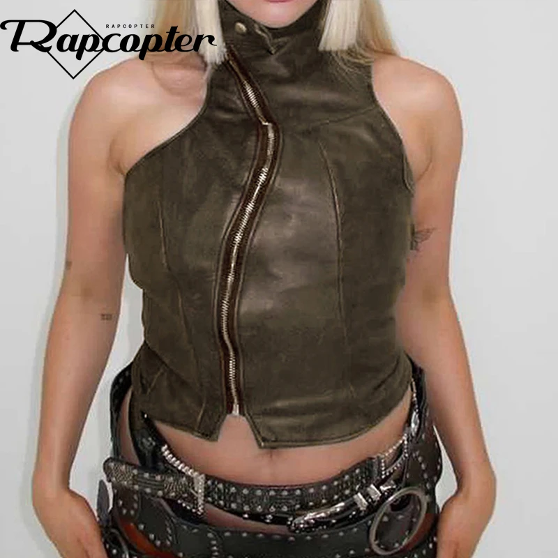Топ женский кожаный на молнии, без рукавов, асимметричный