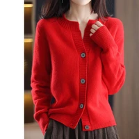 2022 spring and autumn new round neck pure wool sweater long sleeved cardigan womens loose wool knitted jacket