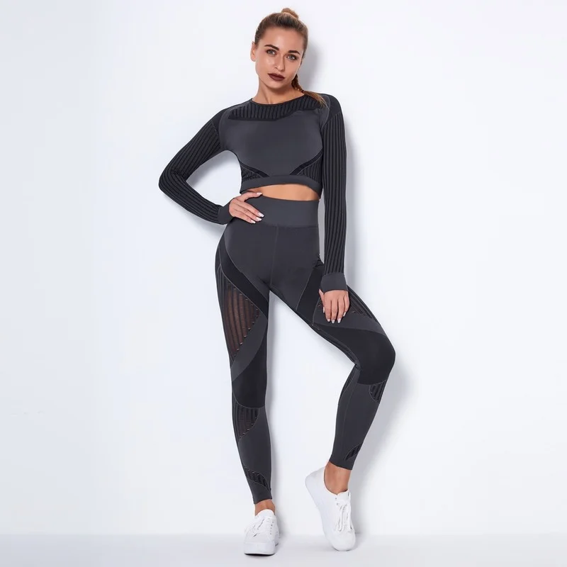 Gym Set Women Long Sleeve Crop Top Sportswear Tights Pants Yoga Set Sports Leggings Fitness Suit Workout Summer Tracksuit Female