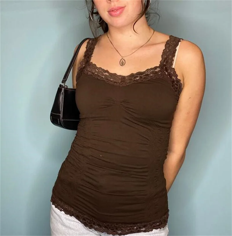 

Женские летние майки с кружевной отделкой на подоле, плиссированный однотонный жилет без рукавов с милой горловиной, облегающие Топы