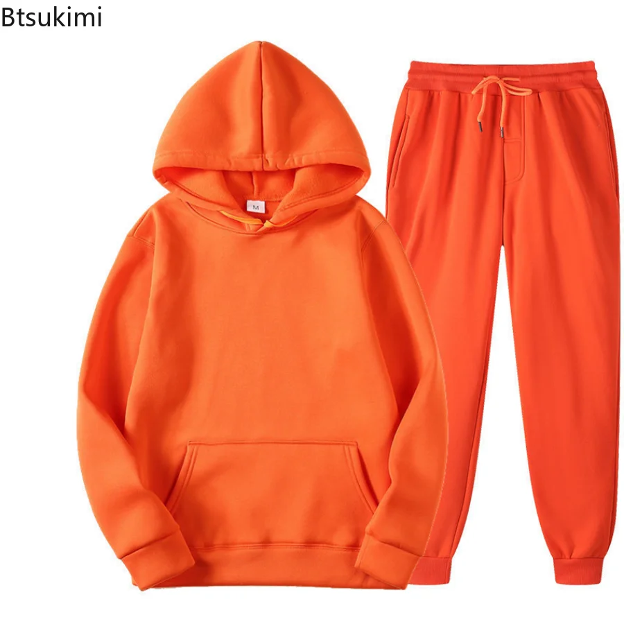 

New Autumn Winter Jogging Men Tracksuit Thick Fleece 100% Cotton Suit 2 Pieces Sets Hoodies Sweatshirt and Pants Suits Male Sets