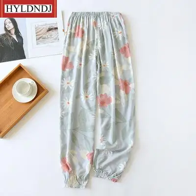 Women Pajama Bottoms Elastic Waist Ankle-Length Pants Sleep Wear Women Lounge Wear Closing Pants Summer Viscose Rayon Printing