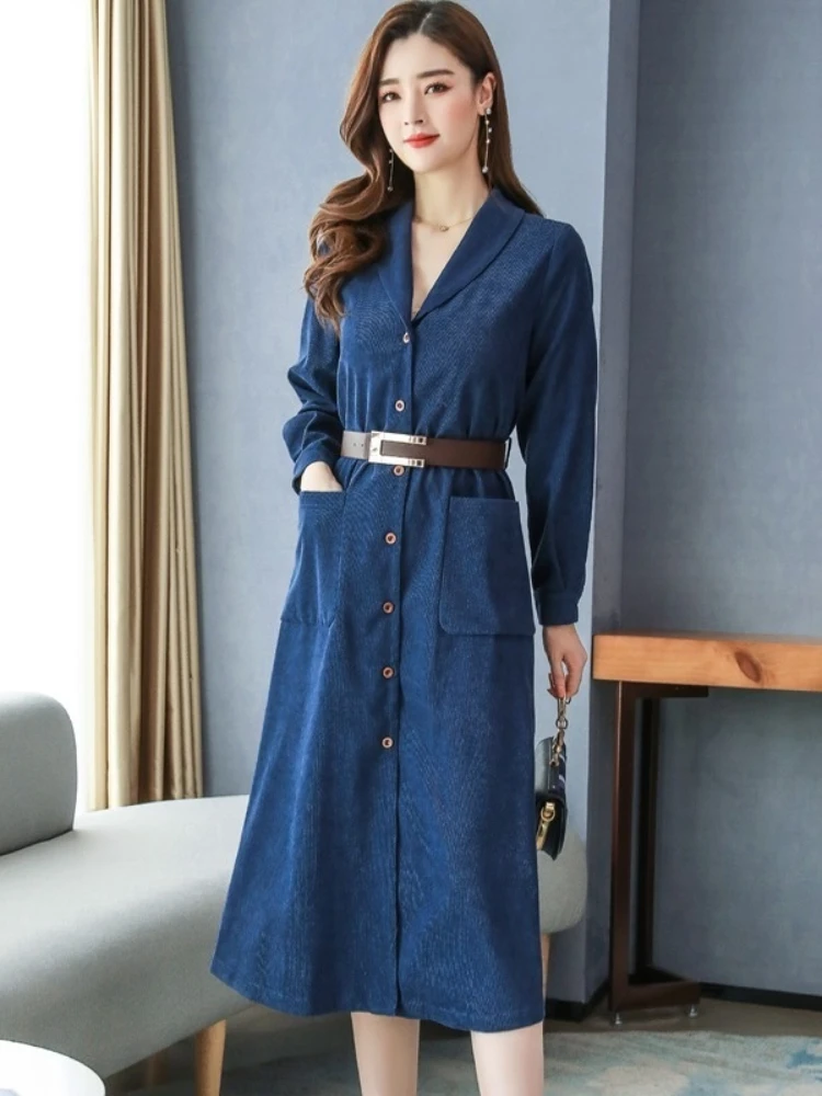 Belt 2023 Corduroy Dress Women's Spring And Autumn French Mid-length Thick Temperament Striped Shirt Long Skirt