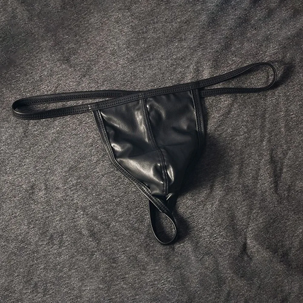

Faux Leather Underwear Men T-Back Thong G-string Sexy Low Waist Black Underpant Bugle Pouch Panties Bright Imitation Lingerie A5