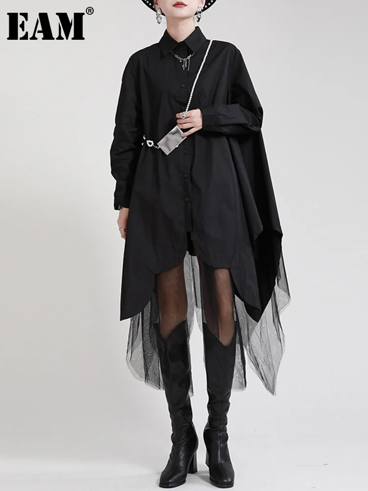 

Женское платье-рубашка с отложным воротником EAM, черное свободное платье большого размера с асимметричным подолом и длинным рукавом, весна-осень 2022
