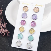 16 pairs colorful drusy resin cabochon stud earrings round shape piercing for women earrings set fashion jewelry party gift