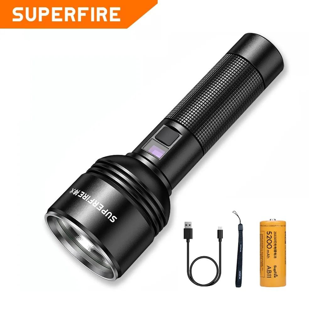SUPERFIRE D18 36W 3350 Lumens LED Flashlight Ultra Bright 6 Modes Light USB-C Charge 26650 Battery Lantern For Camping Torches