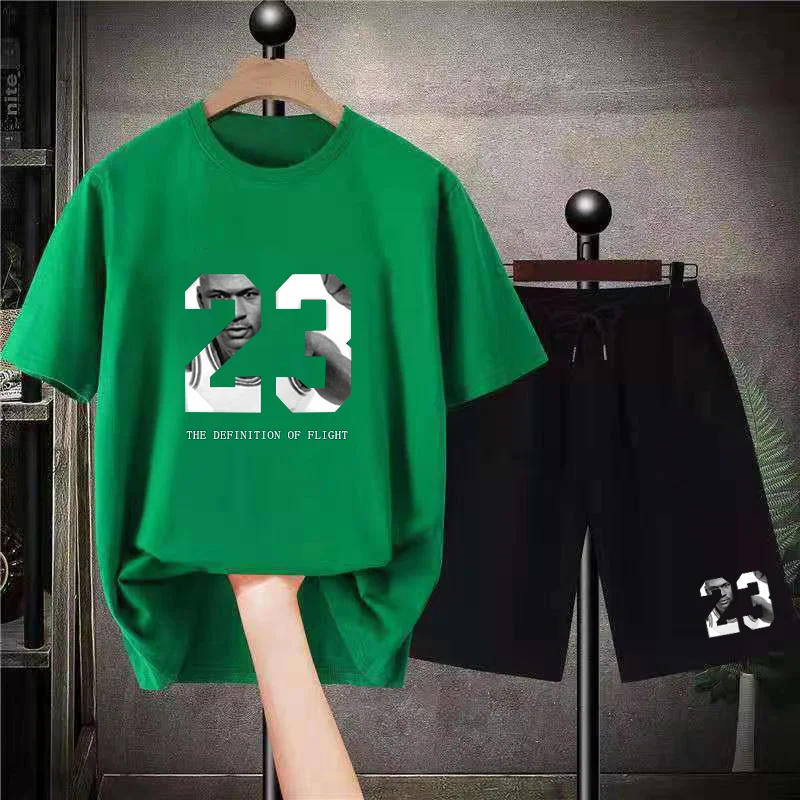 Kaus Olahraga Gambar Cetak Pria Celana Pendek Set 2 Buah 100% Katun Baju Olahraga  Lengan Pendek Celana Olahraga  Streetwear