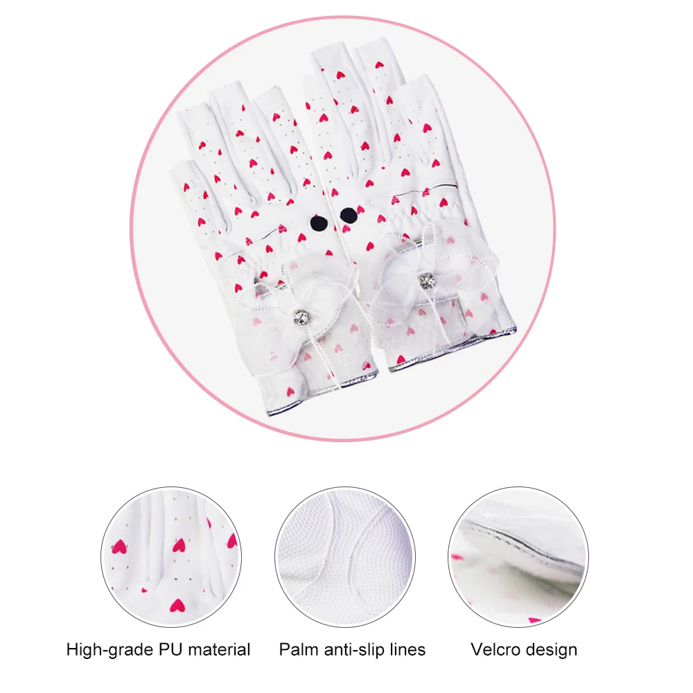 1 Pair Fashion Women Golf Gloves Ladies Soft Sport Gloves Bow-knot Heart Shape High-grade PU Breathable Non-slip Wear-resistant