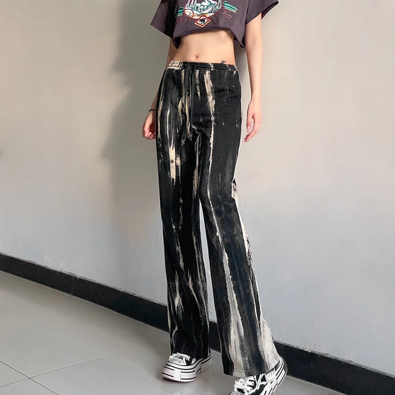 

Women Tie Dye Printed Pants Fashion Harajuku Mall Goth Casual Straight Trouser Streetwear Female Drawstring Matching Pantalons