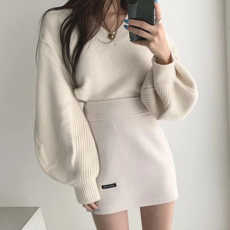 

Women Half Skirt Suit Korean Color Loose V-neck Knitted Sweater Women's Casual Waistband Slim Fashion Top