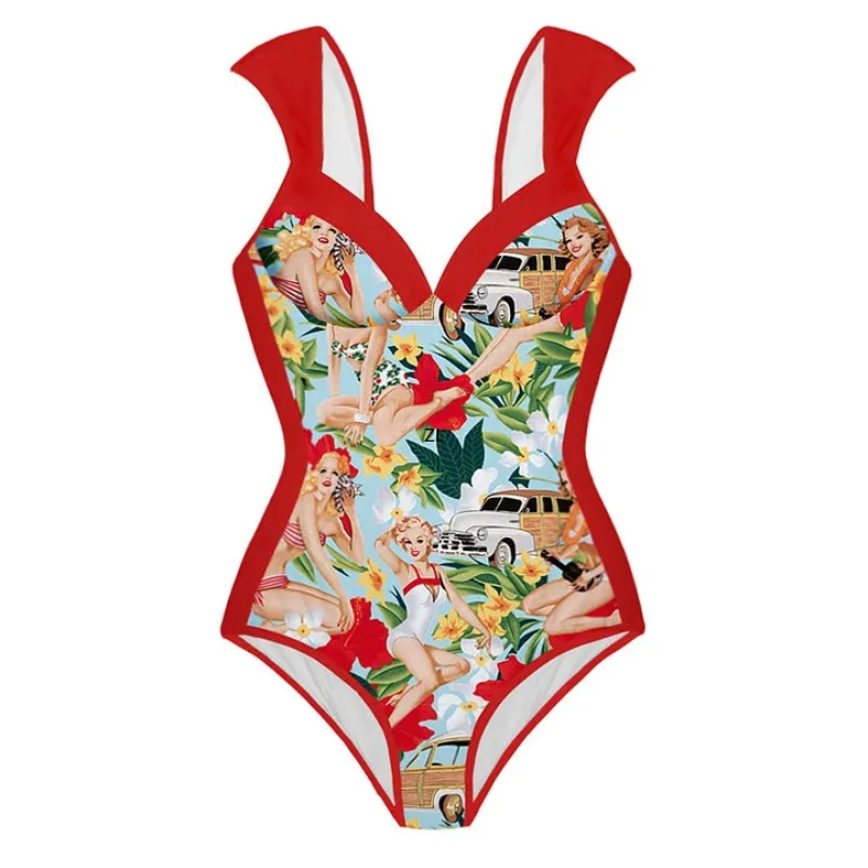 Women One Piece Swimsuit Swimming With Skirt Swimwear Cover Up Retro Holiday Beach Dress Backless Summer Elegant Surf Wear