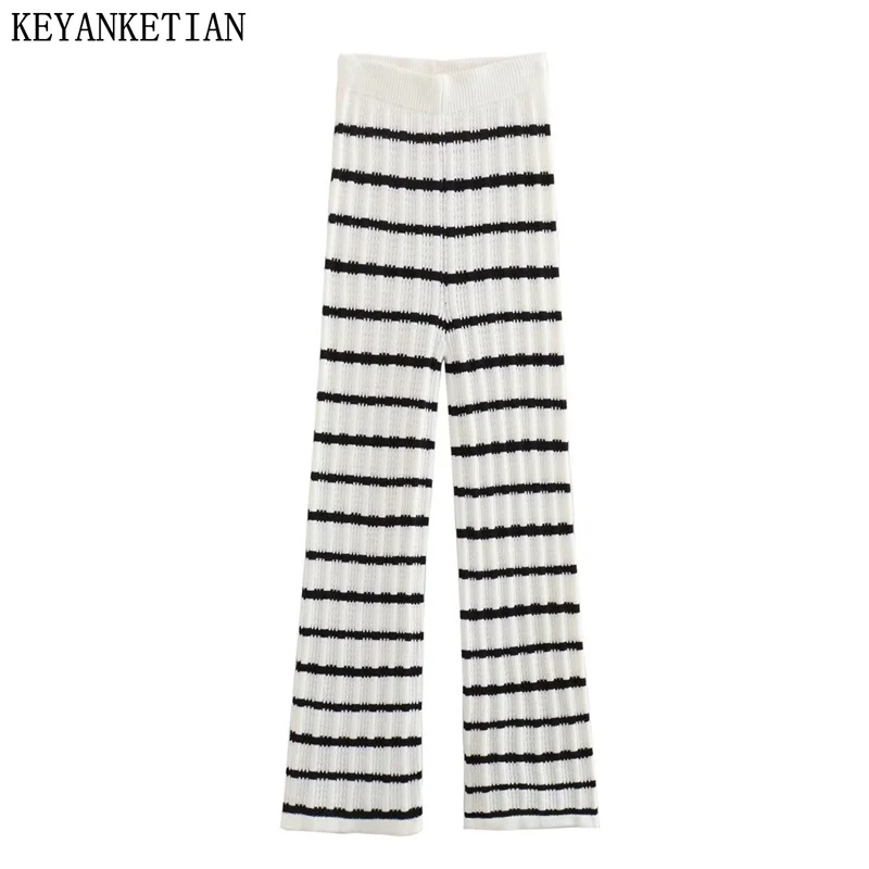 KEYANKETIAN Women Black White Striped Knitted Pants New Autumn Winter Vintage Stretch High-Waisted Crochet Straight Pants