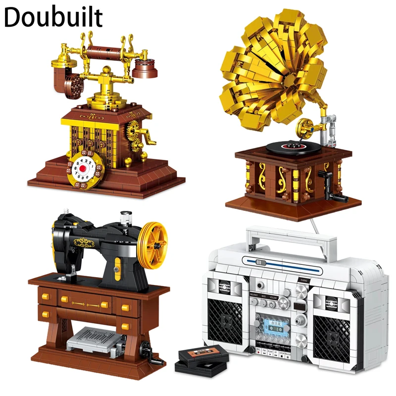 

DOUBUILT Classic Creative Building Blocks Gramophone Vintage Telephone Radio Sewing Machine Model Kid Gifts for friends