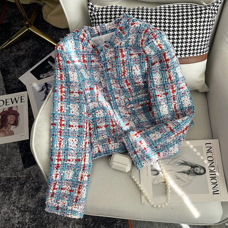 

Твидовая короткая куртка смешанных цветов, женская новая весенне-осенняя винтажная укороченная Офисная Женская верхняя одежда в полоску, ж...