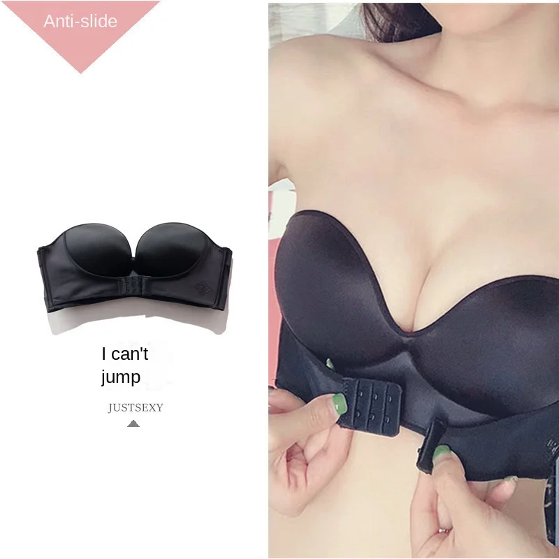 

1/2 Cup Push Up Bra Front and Behind Buckle Underwear Women Sexy Deep V Strapless Stealth Brassiere Wire Free Thicken Lingerie