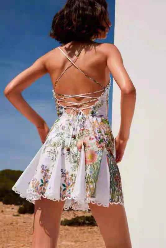 

Women V Neck Strapless Hollow Out Burnt Embroidery Sexy Backless Mini Cotton Dress