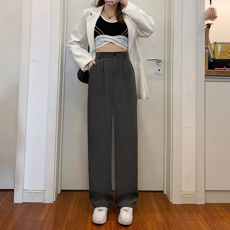 

Straight Leg Pants Women Solid 2023 Spring Summer Outfits High Waist Zipper Fly Casual Trousers Black White Grey Khaki Loose Fit