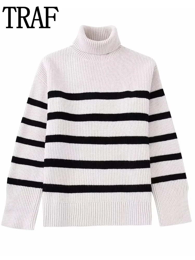 

TRAF Striped Sweater Woman Winter 2022 Women's Turtleneck Knitted Sweater Vintage Long Sleeve Top Women Pulovers Fall Knit Top