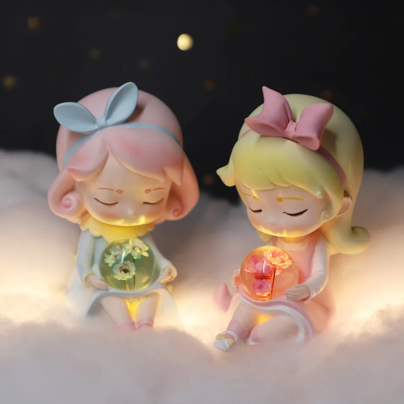 

Cartoon Girly Heart Resin Ornaments with Light Figurine Character Holiday Crafts Birthday Gifts Home Bedroom Desktop Decoration