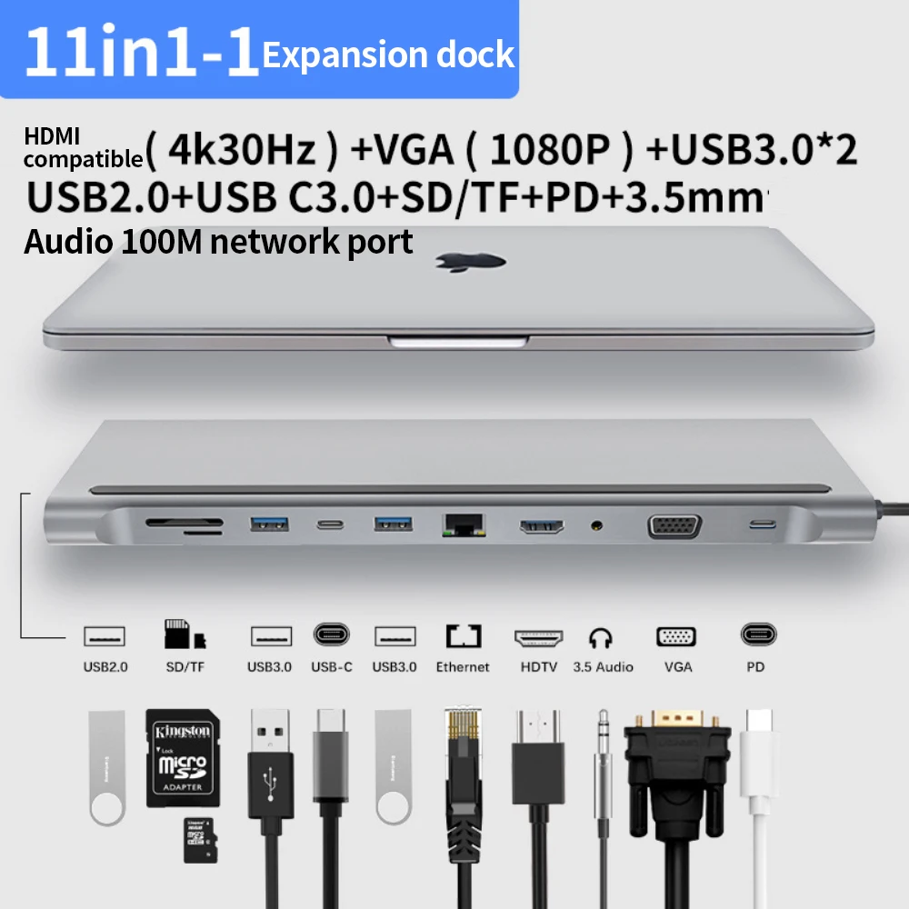 

Multifunctional 11 In 1 4K USB-C HUB Type-C To USB 3.0 TF SD HDMI-compatible With VGA RJ45 Aluminum Alloy PD HD Port 480Mbps