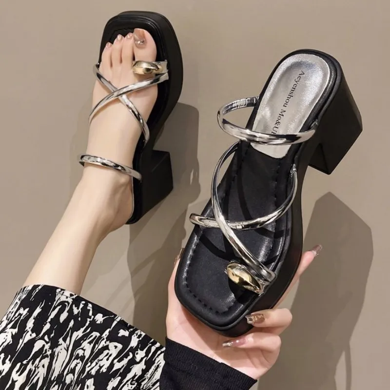 

Summer Women Slippers Chunky High Heels 2023 New Fashion Sandals Shoes Trend Dress Party Pumps Thick Flip-flops Women Slides