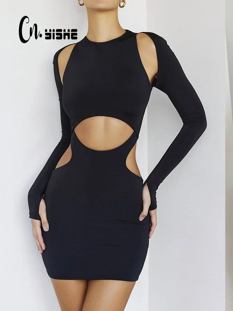 

CNYISHE Summer Dresses for Women 2022 Fashion Outfits Long Sleeve O-neck Bodycon Wrap Hip Short Dress Female Cut Out Sexy Dress
