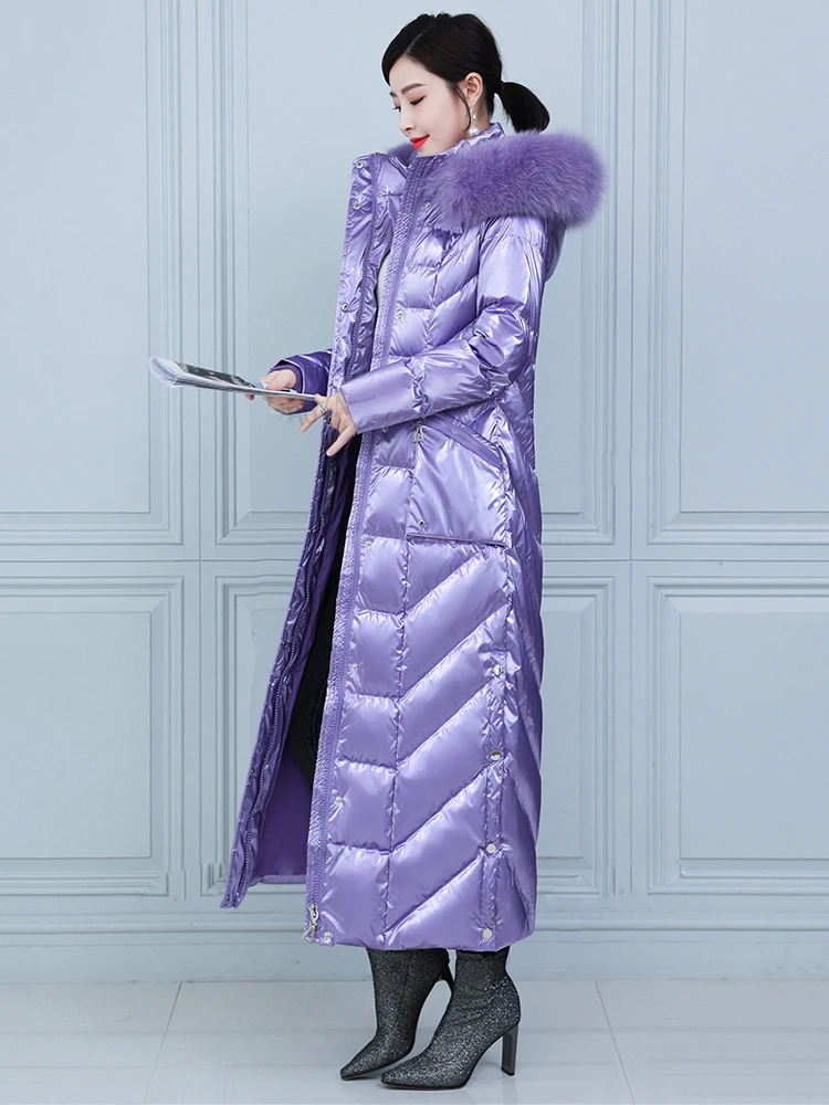 New Women Wash Free Down Coat Winter Fashion Glossy Surface Real Fox Fur Collar Lengthened Thicken Down Jacket Slim Overcoat