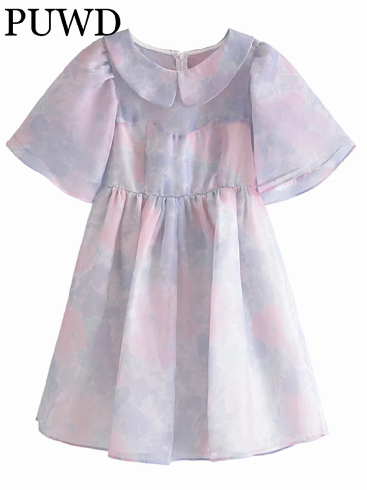 

PUWD Women Baby Collar Organza Print Dress 2022 Summer Fashion Ladies Short Sleeves Girls Polyester Princess Dress