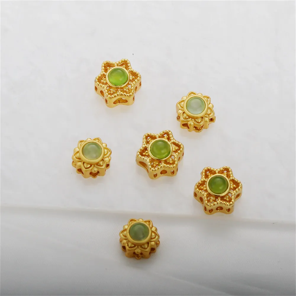 

18K gold-coated round green zircon hollow through-hole beads 10mm thick dumb gold diy bracelet necklace with loose beads