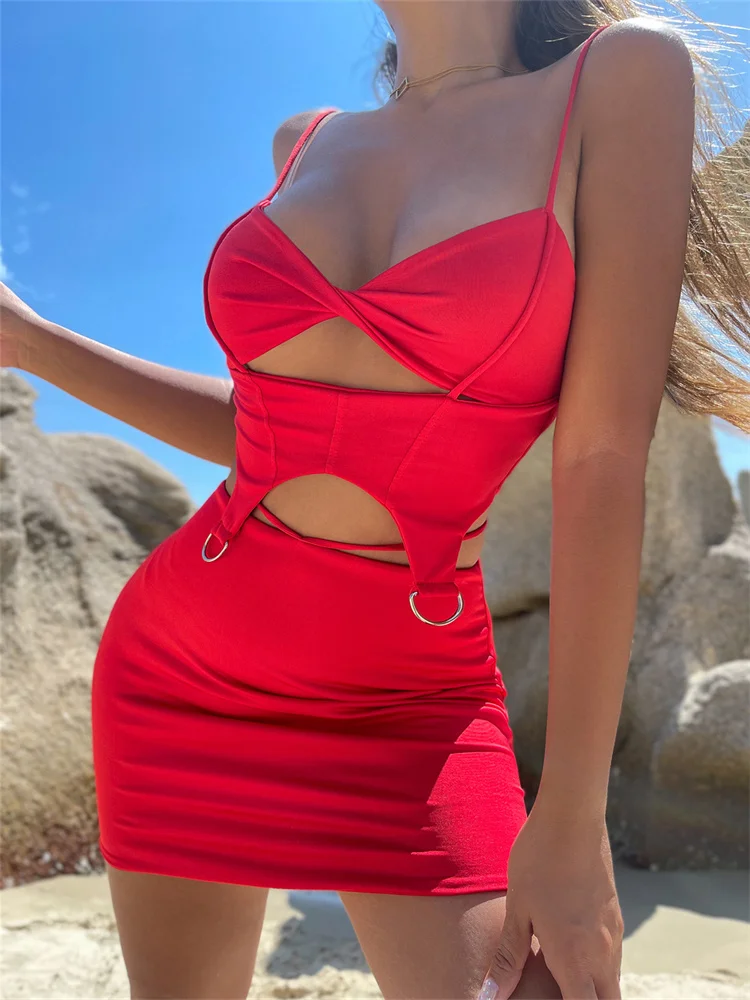 

CHRONSTYLE Summer 2 Pieces Sets Hollow Out Backless Sling Tank Crop Tops Short Mini Skirts Women Outfits Sexy Club Streetwear